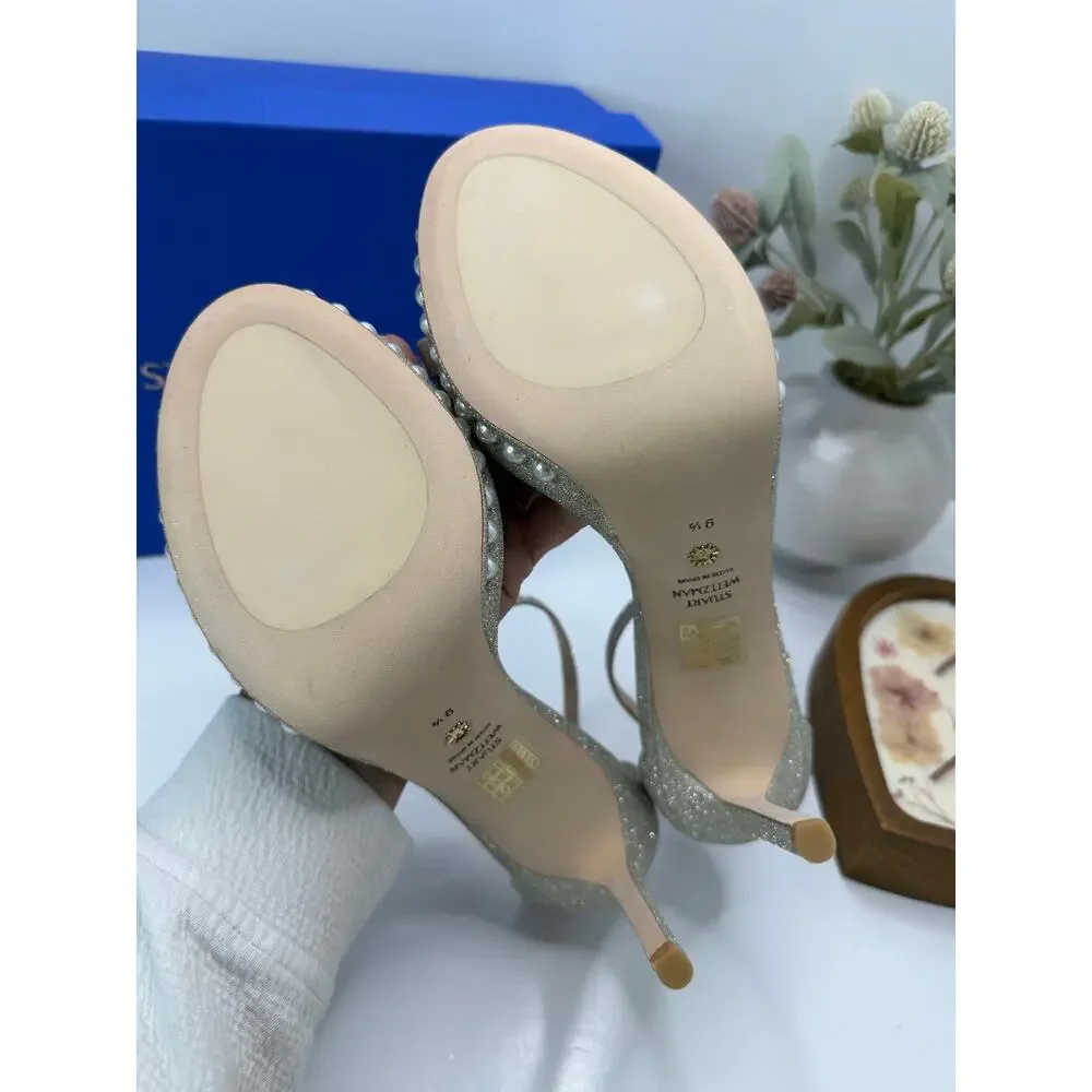 Stuart Weitzman Nudistdisco Pearl Sandal Fine Glitter Silver Women 9.5B